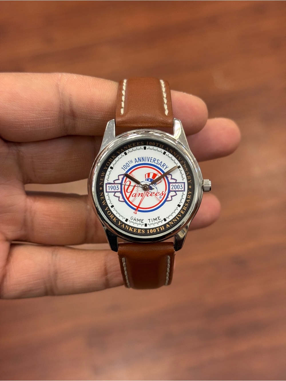 Vintage N.Y. Yankees 100th Anniversary Baseball Watch Brown Leather Strap Watch